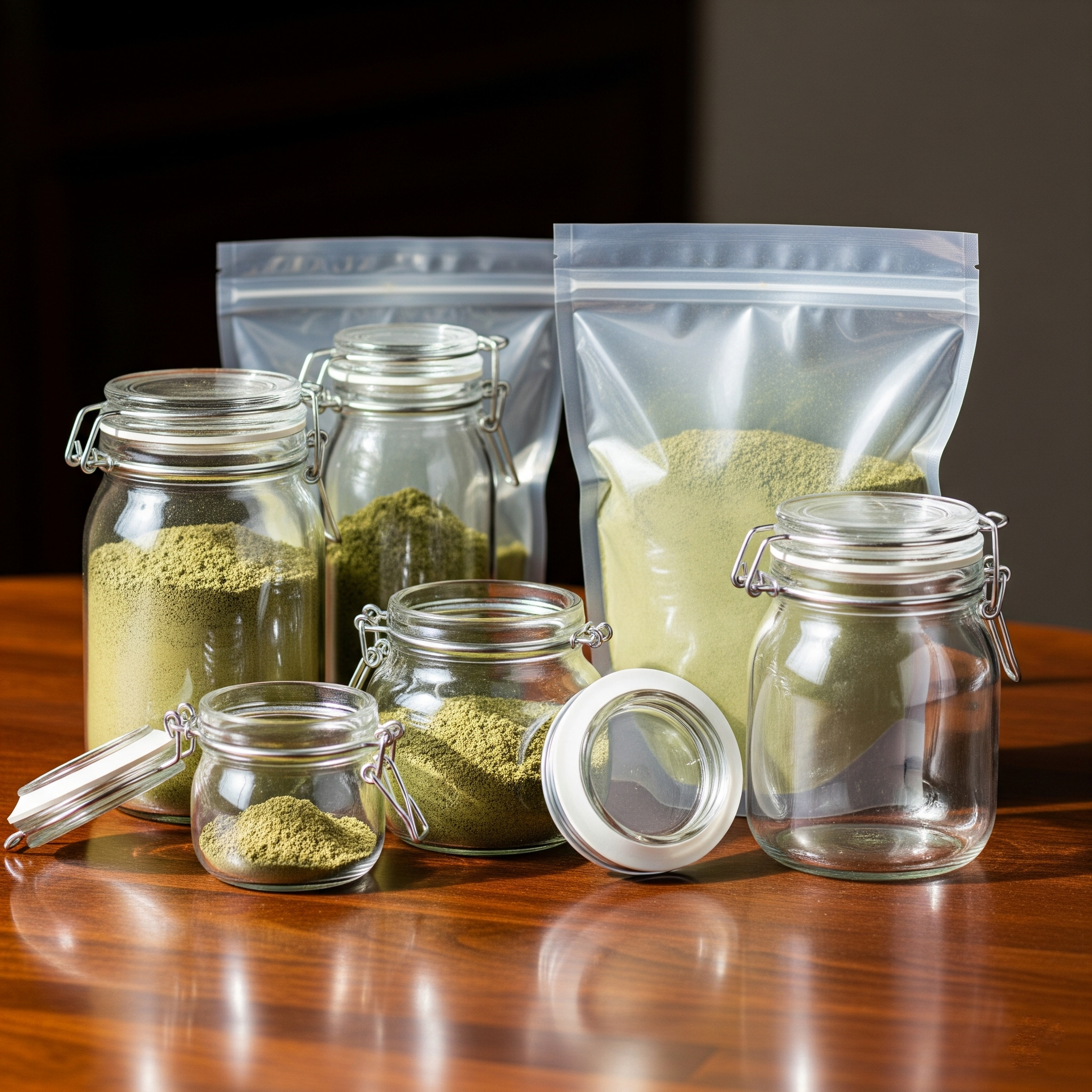 Správné skladování kratomu pro zachování čerstvosti Obrázek pro správné skladování kratomu ve sklenici na polici